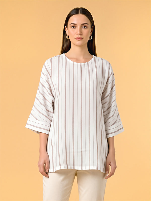 Striped White & Brown Short Kurta