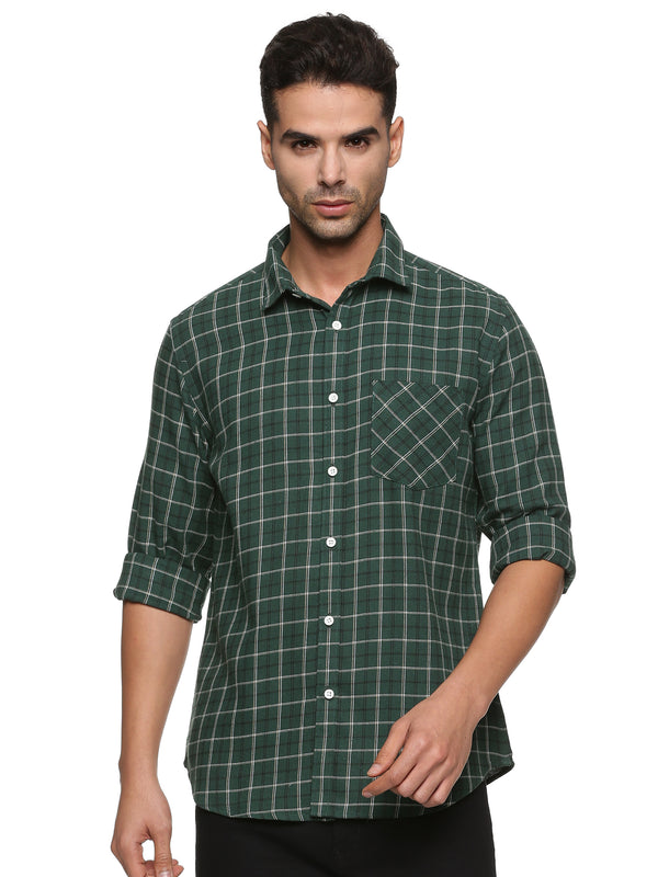 Men Green Checkered Slim Fit Casual Shirt