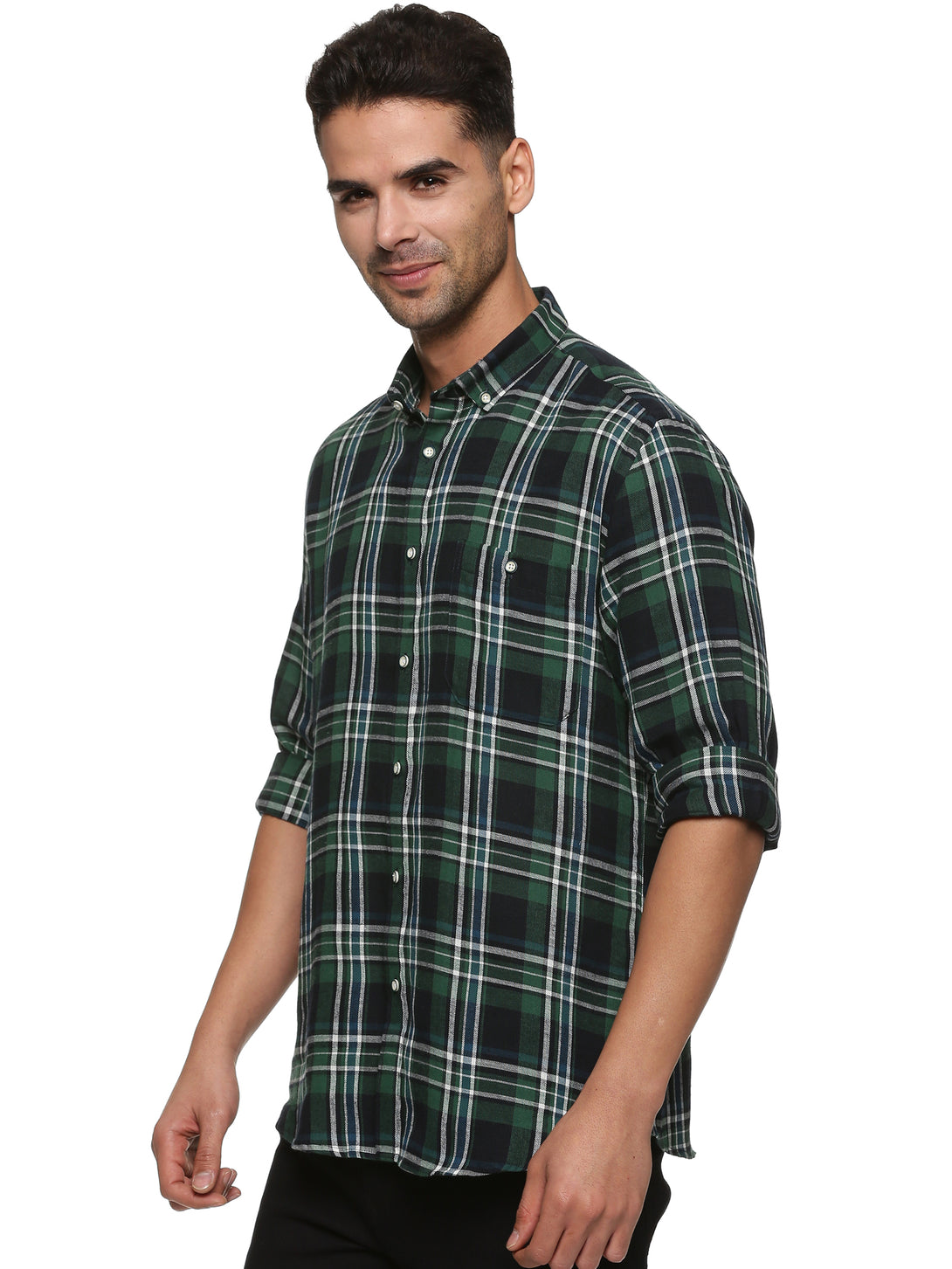 Men Green Checkered Slim Fit Casual Shirt
