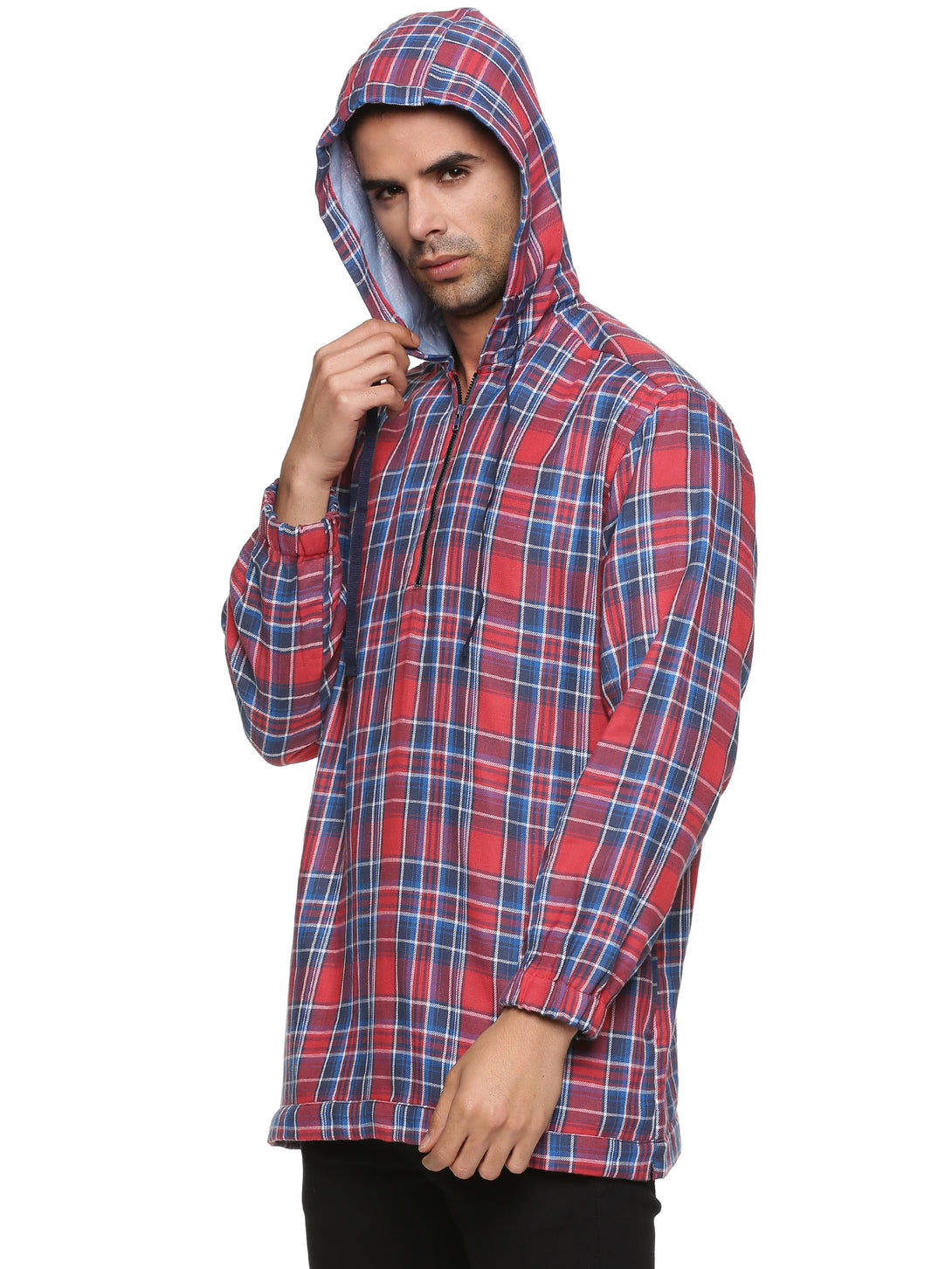 Men Red Checkered Regular Fit Full Sleeve Hoodie Shirt