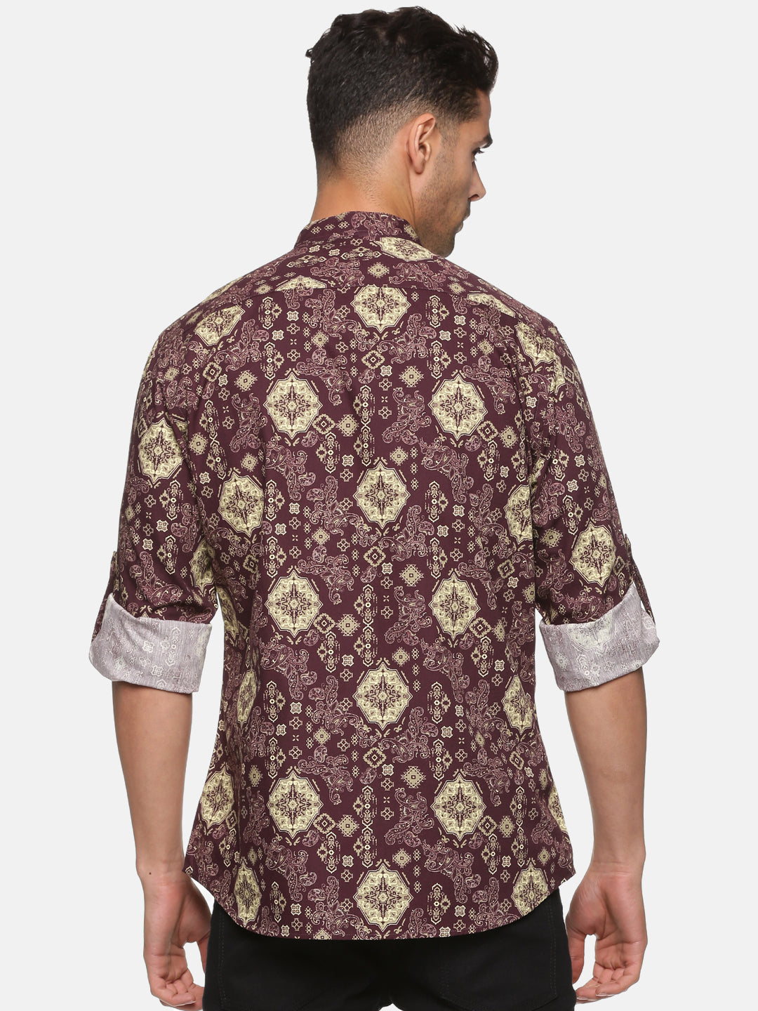 Men Burgundy Printed Slim Fit Full Sleeve Casual Shirt