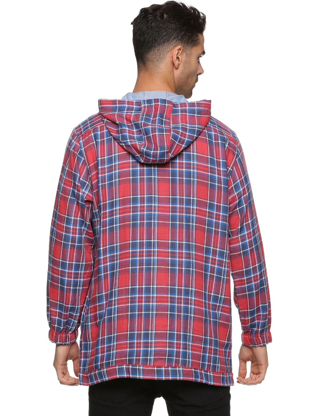 Men Red Checkered Regular Fit Full Sleeve Hoodie Shirt