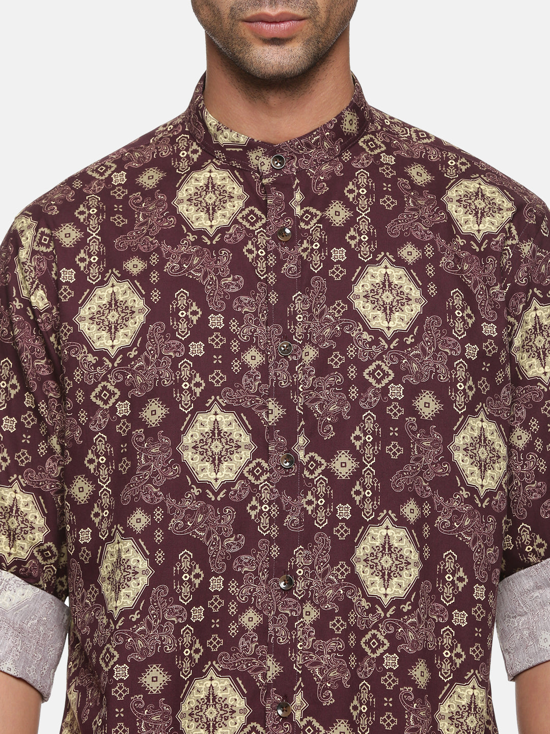 Men Burgundy Printed Slim Fit Full Sleeve Casual Shirt