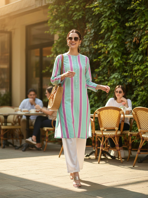 Striped Green & Pink Long Kurta