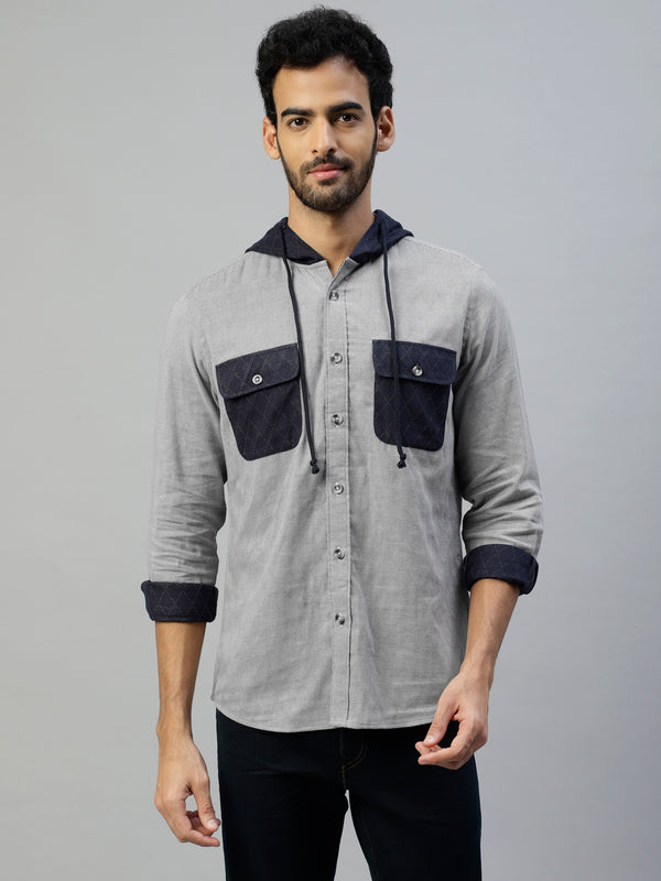 Men's Grey Hooded Slim Fit Shirt with Contrast Pockets