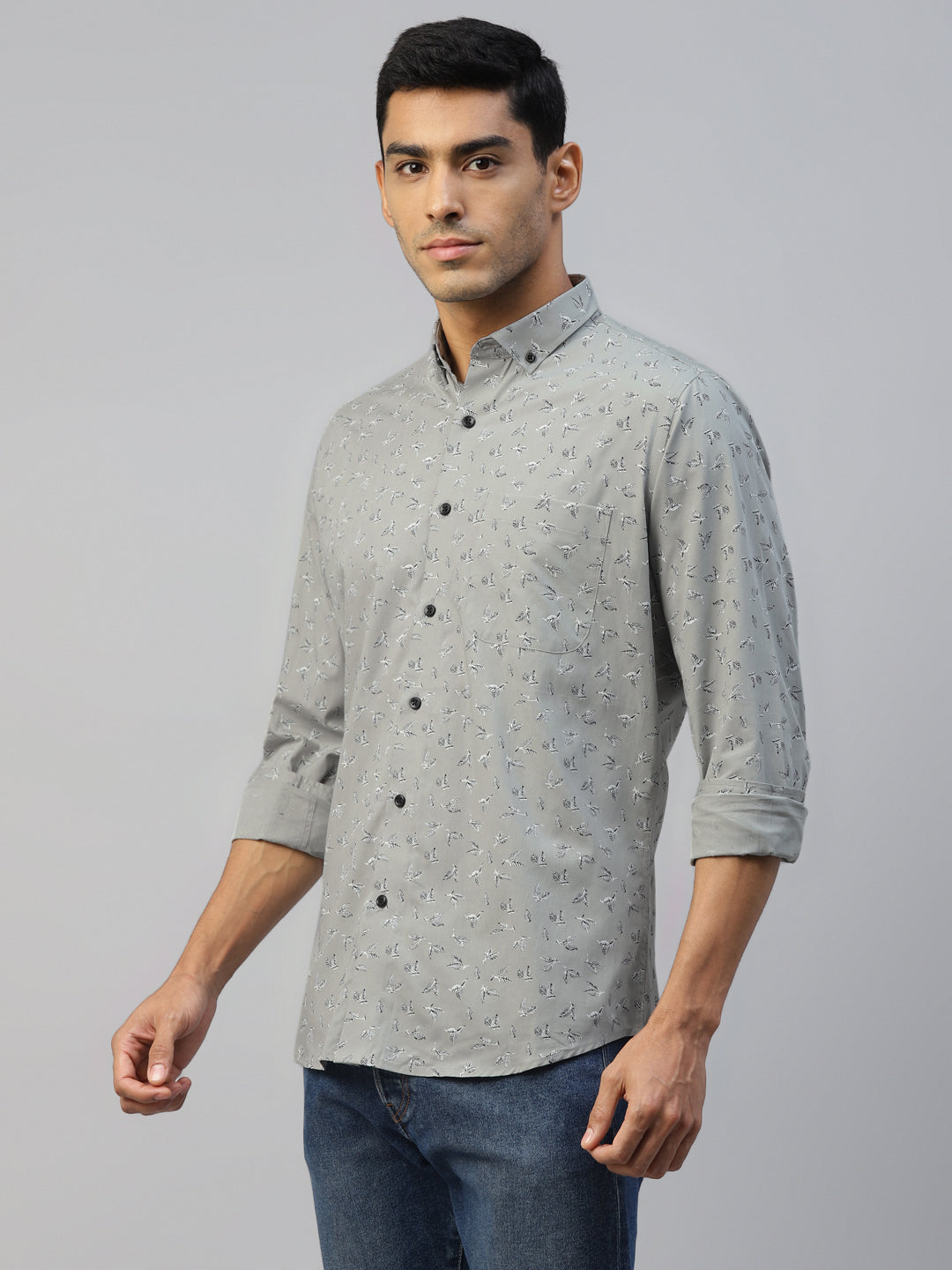Don Vino Men's Leaf Printed Grey Shirt
