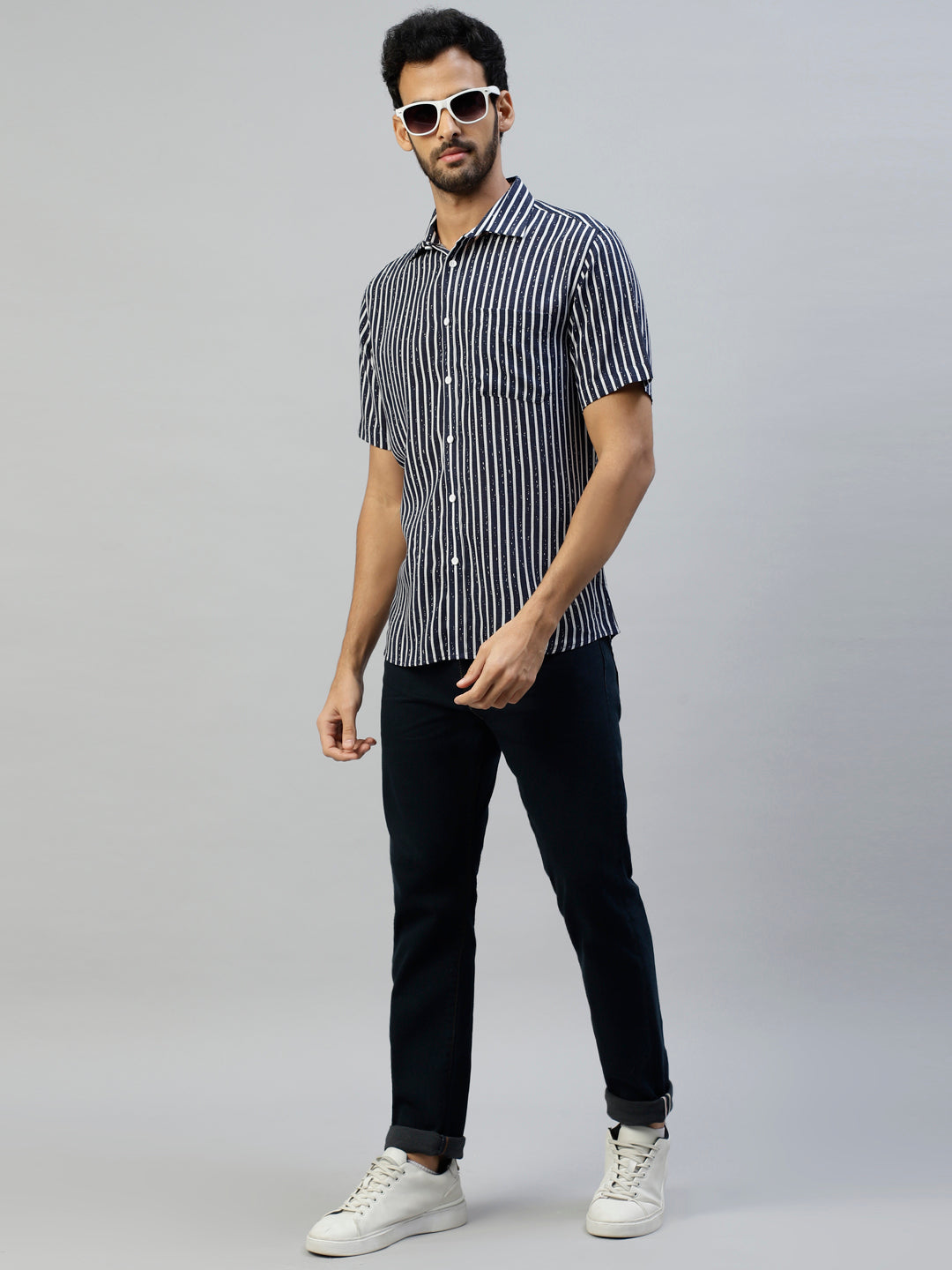Don Vino Men's Slim Fit Navy Blue Striped Shirt with Half Sleeves