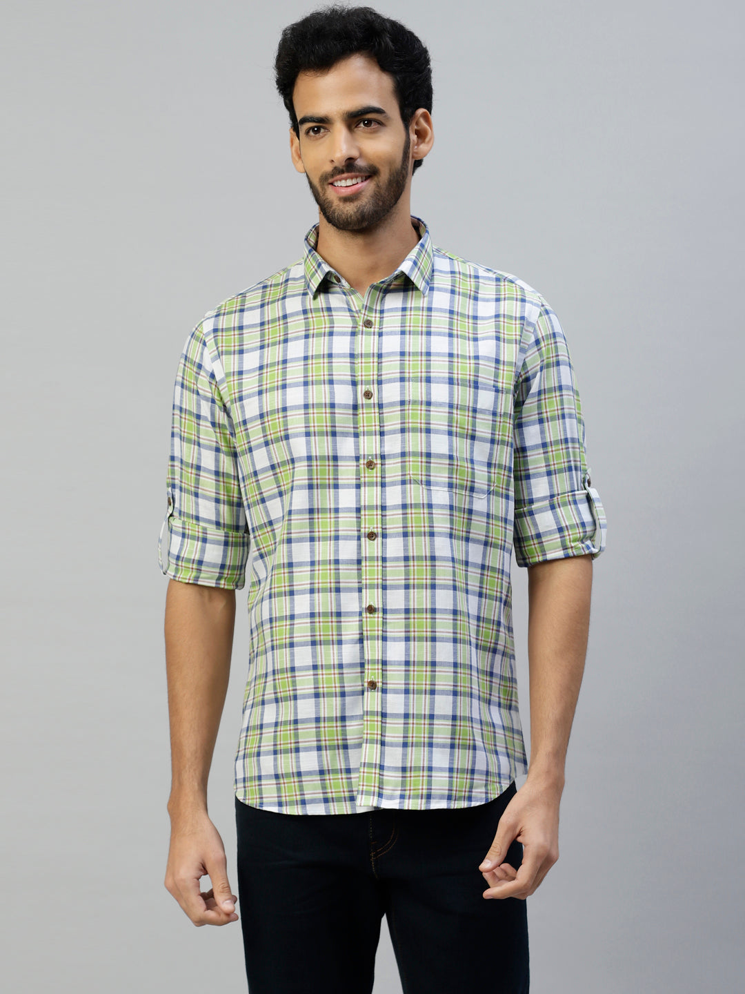 Don Vino Men's Green & Blue Casual Checks Shirt with Full Sleeves