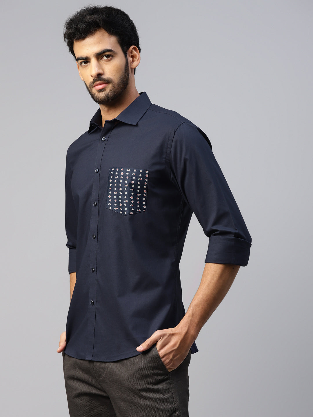 Don Vino Navy Blue Slim Fit Shirt With Contrast Pockets for Men