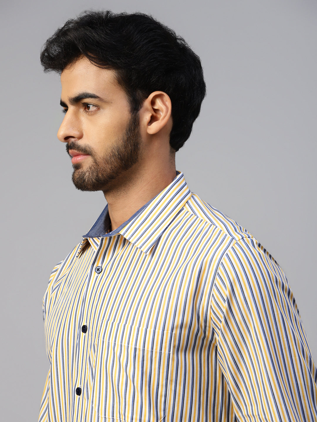 Men's Yellow & Blue Stripes Slim Fit Shirt