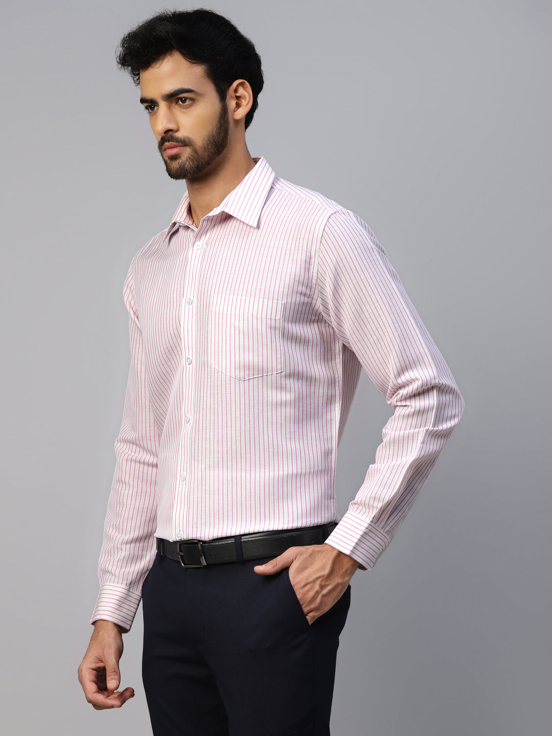Men's Pink & White Stripes Formal Shirt
