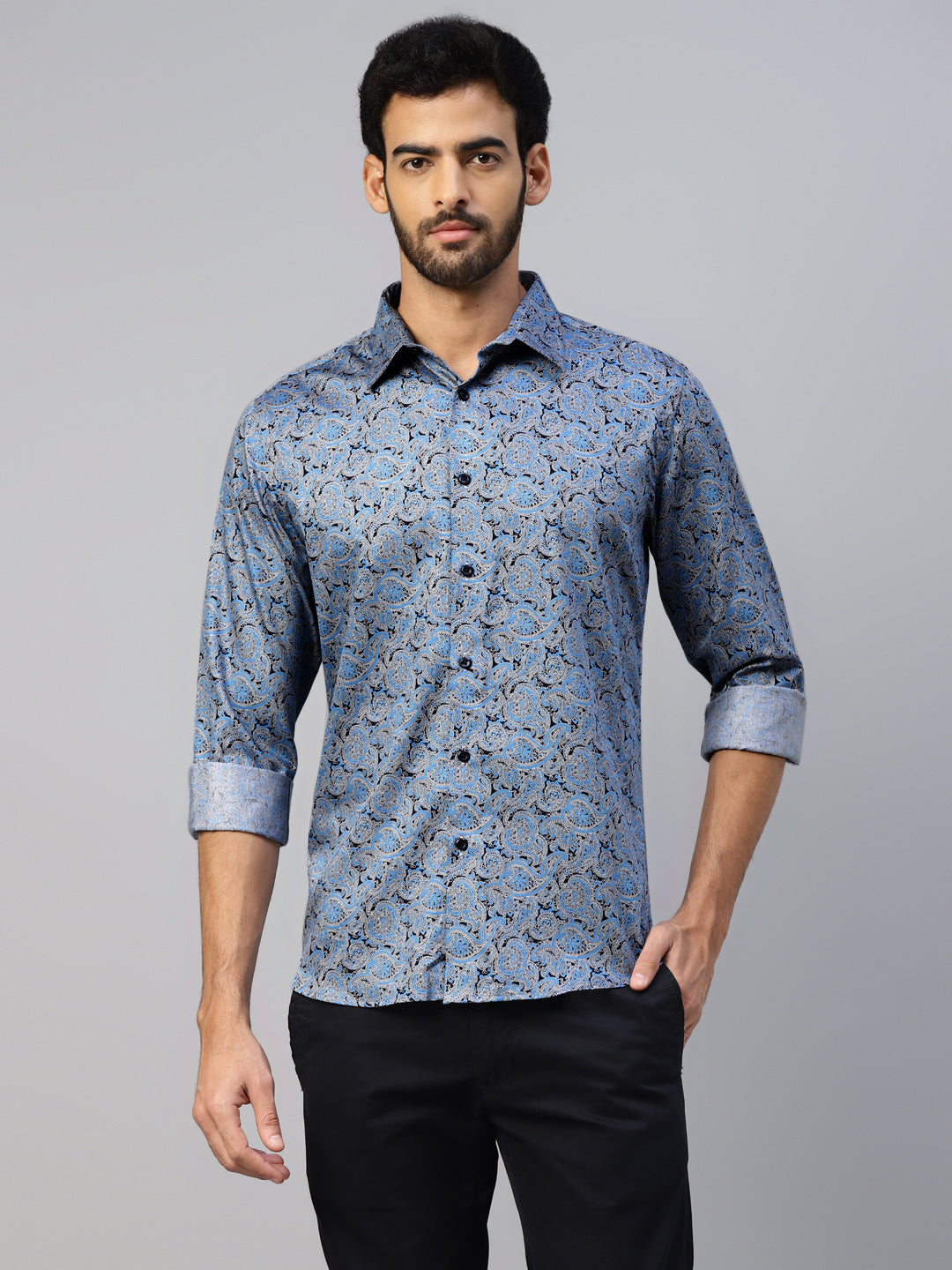 Don Vino Men's Blue Paisley Print Slim Fit Shirt