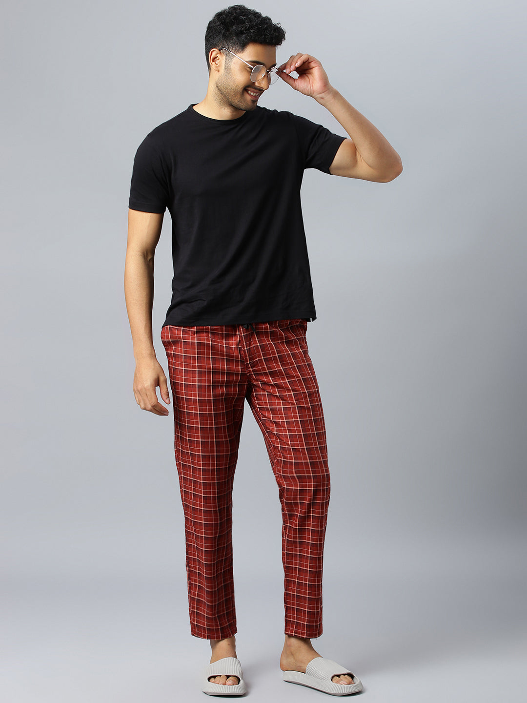 Don Vino Men's Red Lounge Pants With Black & White Checks