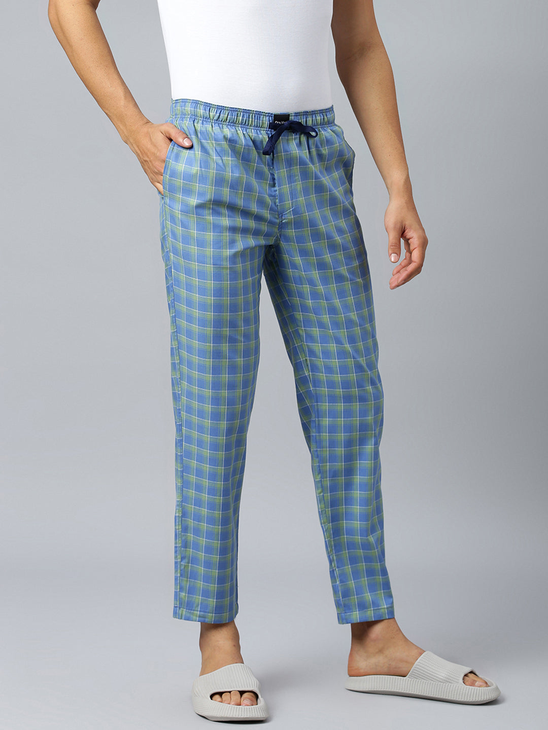 Don Vino Men's Light Blue Lounge Pants With Green Checks