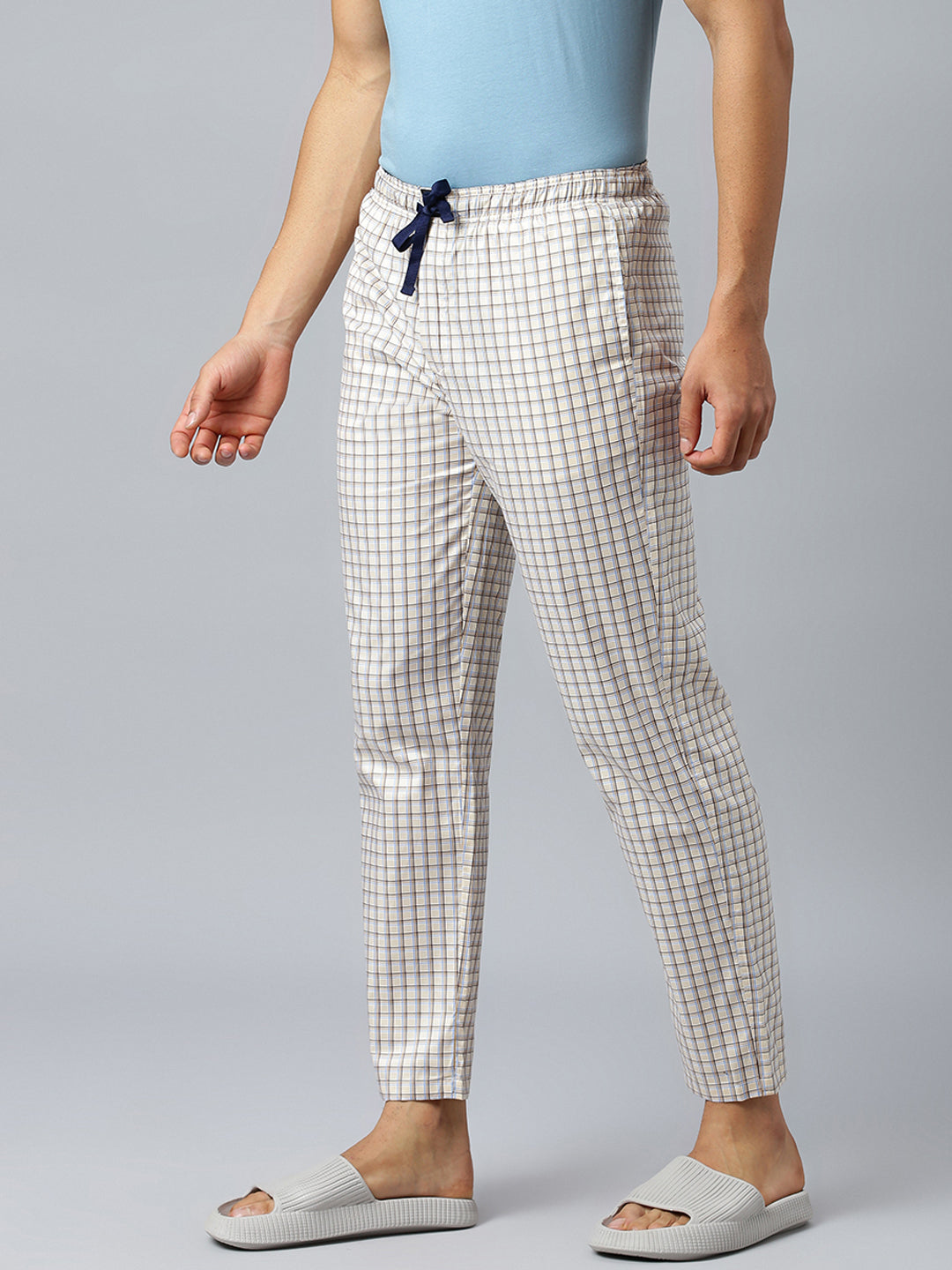 Don Vino Men's White Lounge Pants With Brown & Light Blue Checks