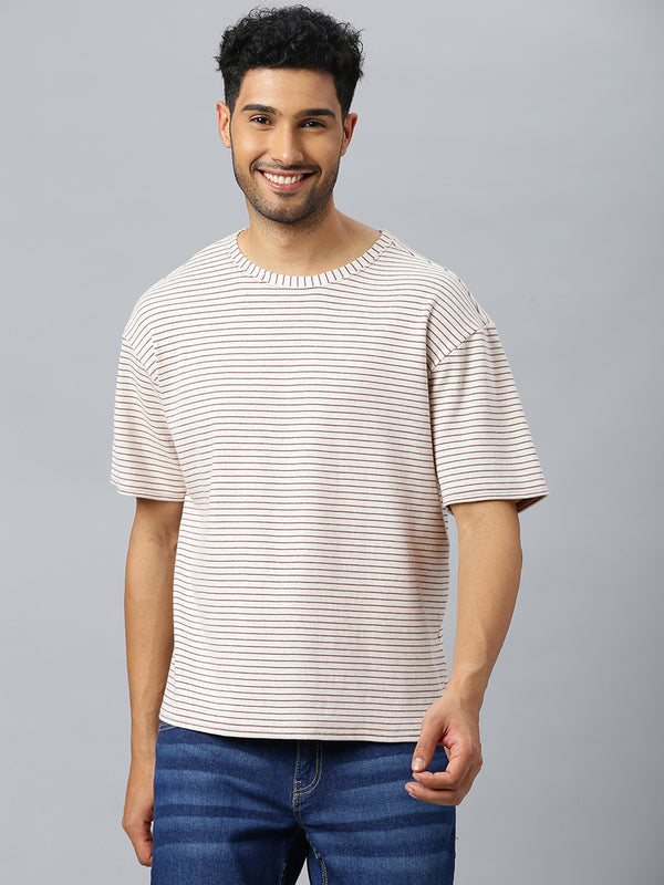 Don Vino Men's Cream Crew Neck T-Shirt With Maroon Stripes