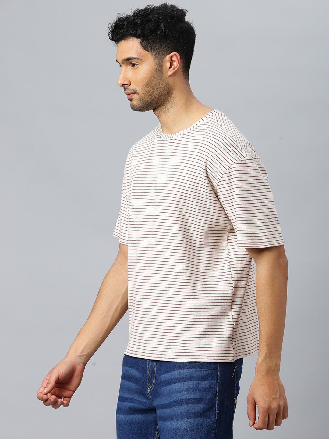 Don Vino Men's Cream Crew Neck T-Shirt With Maroon Stripes