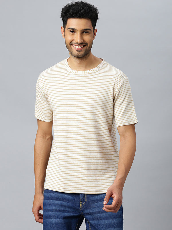 Don Vino Men's Cream Crew Neck T-Shirt With Mustard Stripes