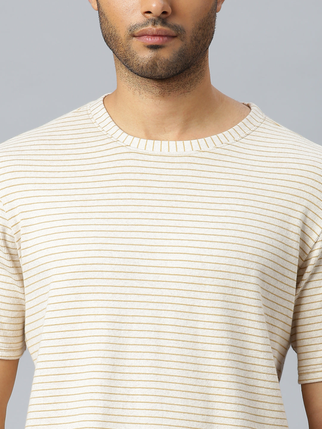 Don Vino Men's Cream Crew Neck T-Shirt With Mustard Stripes