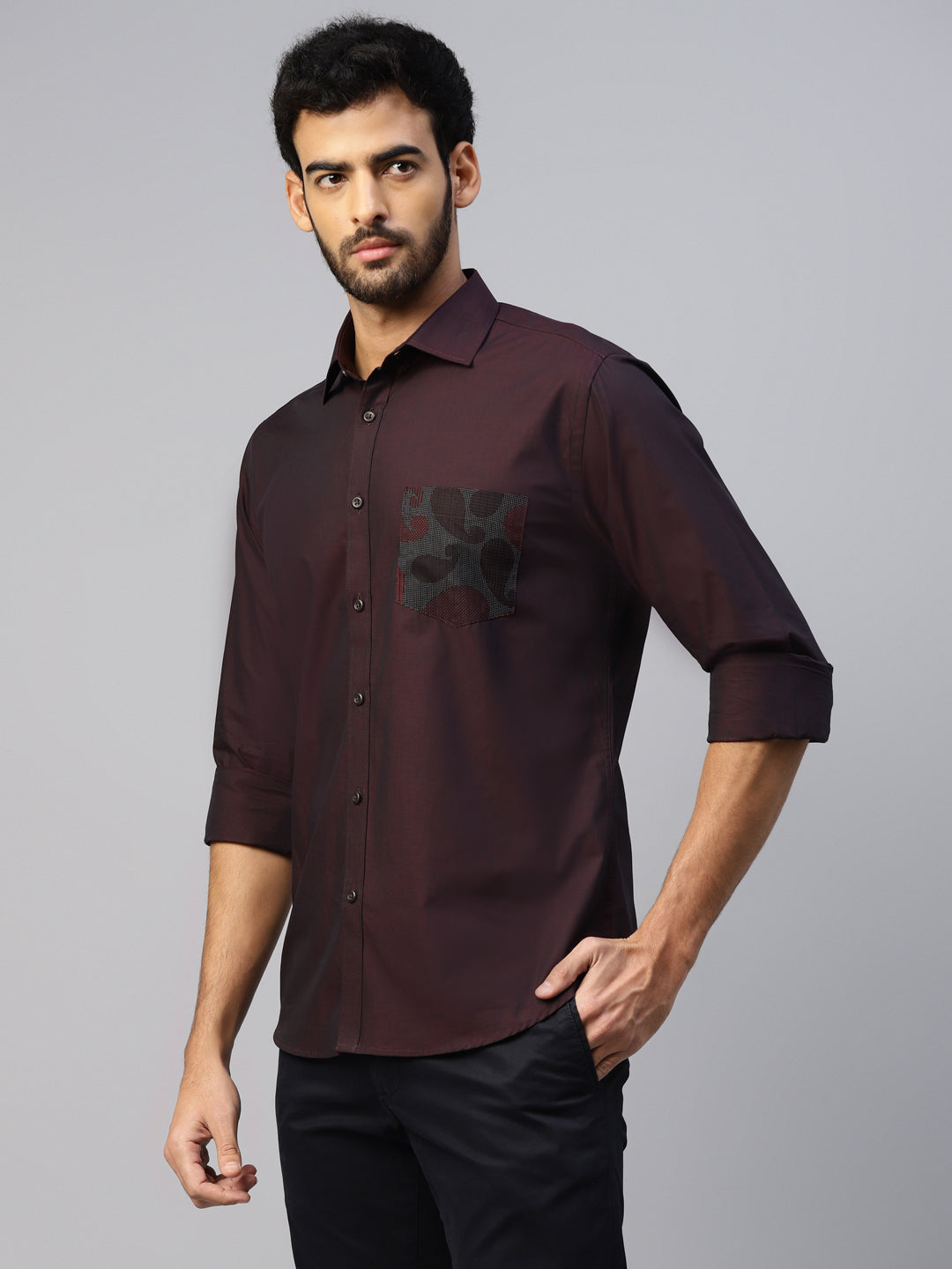 Don Vino Men's Purple Slim Fit Shirt With Contrast Pockets