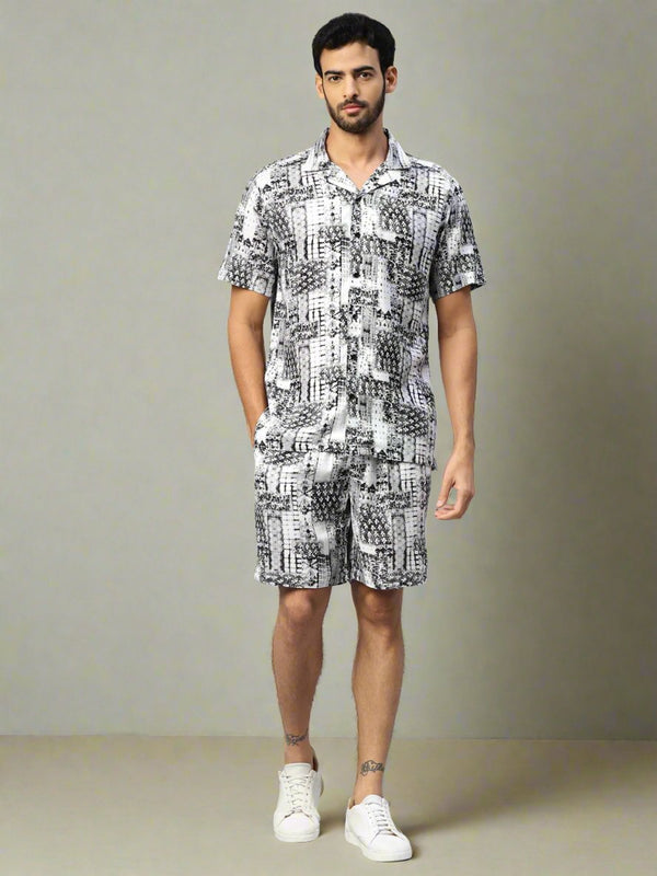 Don Vino Black & White Printed Slim Fit Co-Ord Set For Men