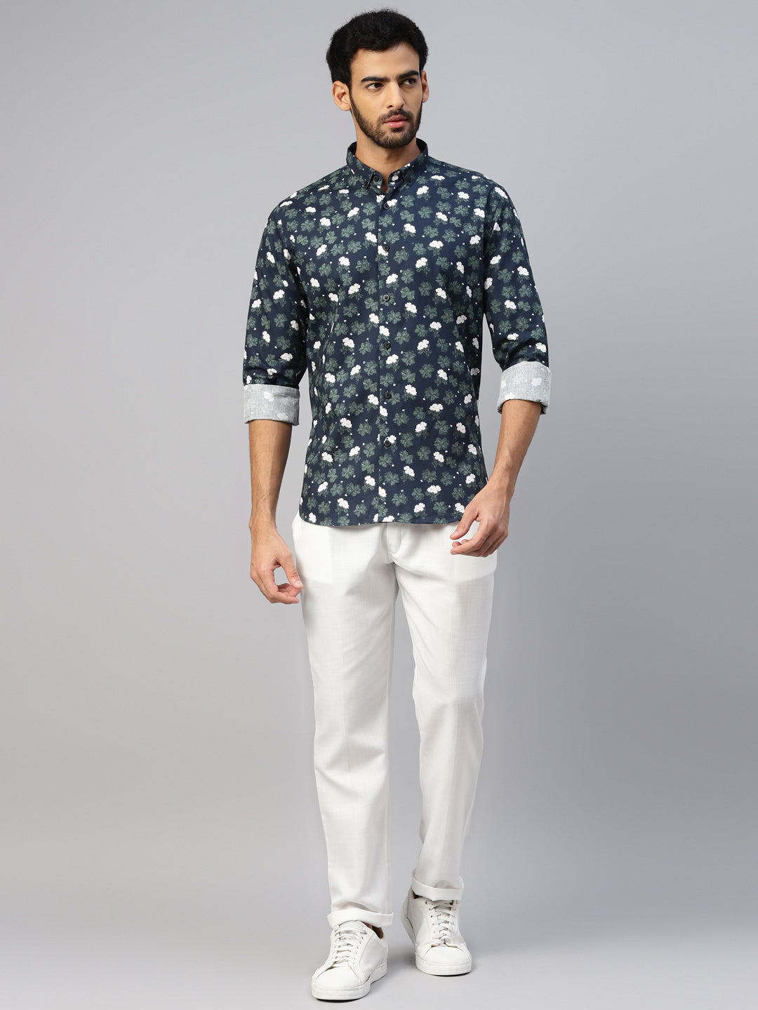 Don Vino Men's Navy Blue Floral Print Slim Fit Shirt