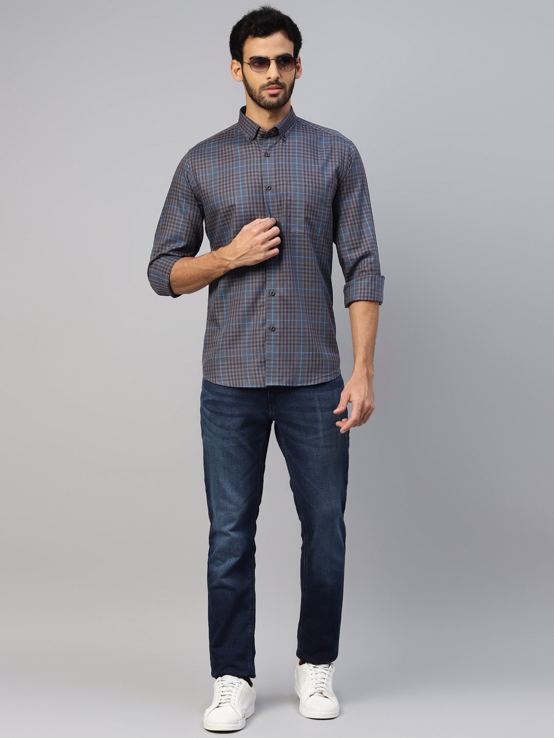 Don Vino Men's Grey & Blue Checks Slim Fit Shirt