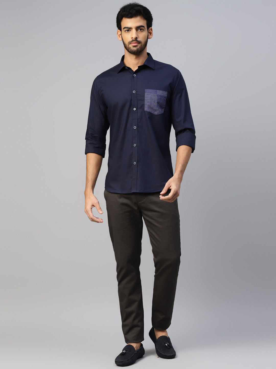 Don Vino Men's Slim Fit Navy Blue Shirt With Contrast Pockets