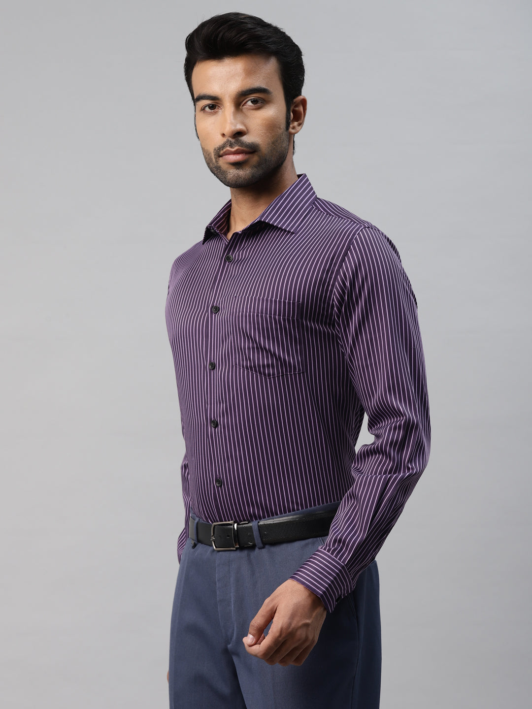 Don Vino Men's Black with Purple Stripes Slim Fit Shirt