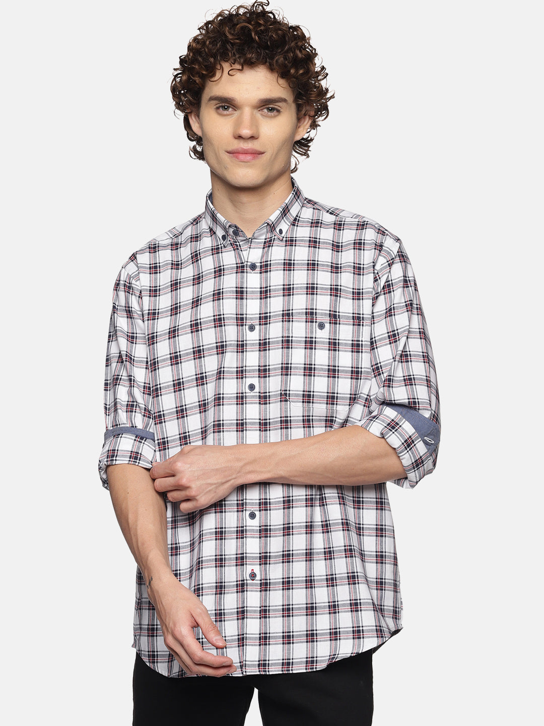 Men White Checkered Regular Fit Full Sleeve Cotton Casual Shirt