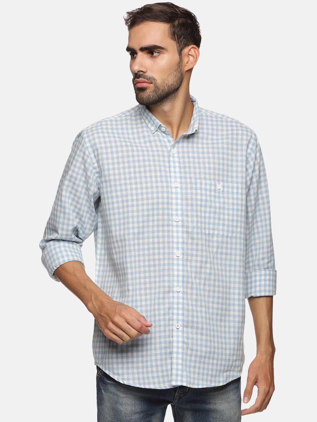 Men Light Blue Checkered Regular Fit Full Sleeve Casual Shirt