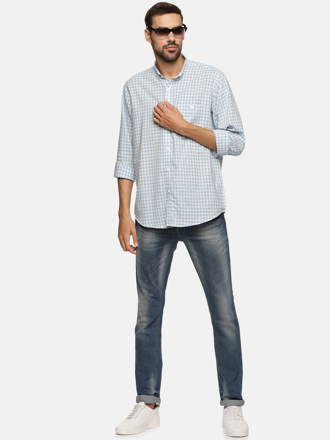 Men Light Blue Checkered Regular Fit Full Sleeve Casual Shirt