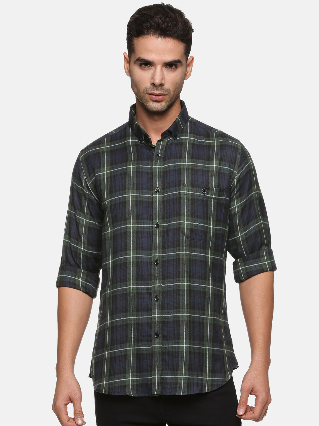 Men Olive Checkered Slim Fit Full Sleeve Casual Shirt