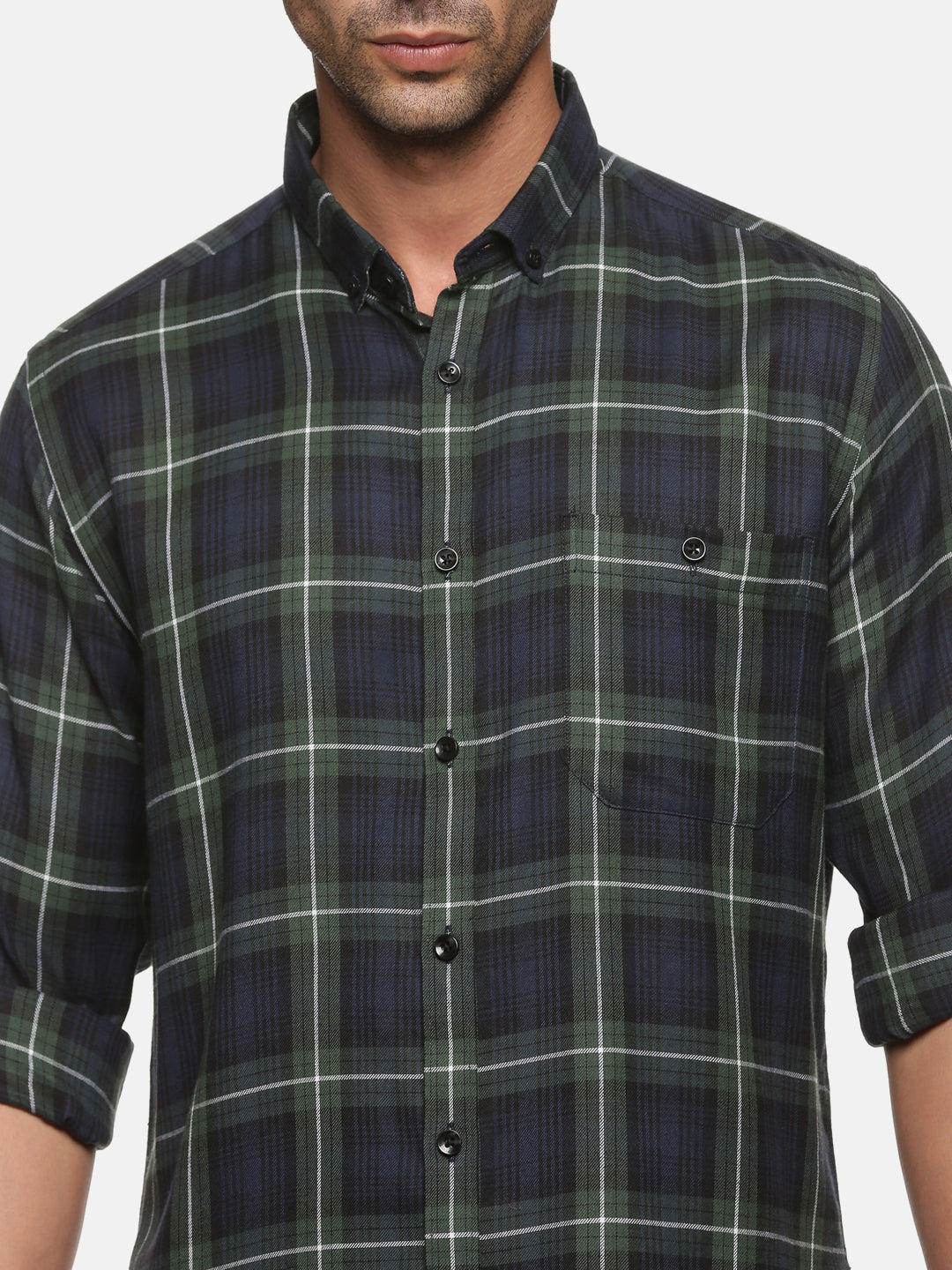 Men Olive Checkered Slim Fit Full Sleeve Casual Shirt