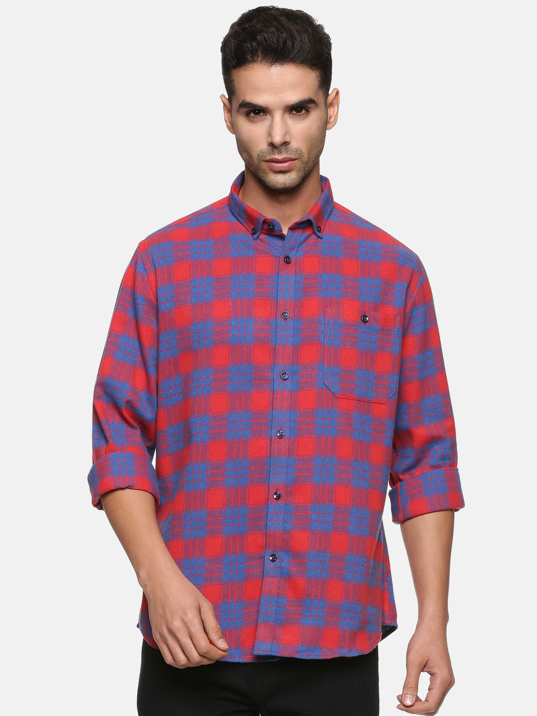 Men Red & Blue Checkered Slim Fit Casual Shirt, Men's Full Sleeve Cotton Shirt