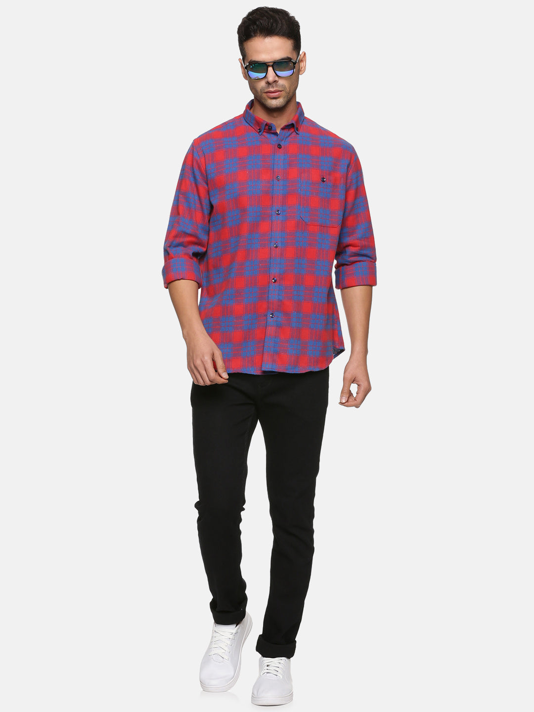 Men Red & Blue Checkered Slim Fit Casual Shirt, Men's Full Sleeve Cotton Shirt