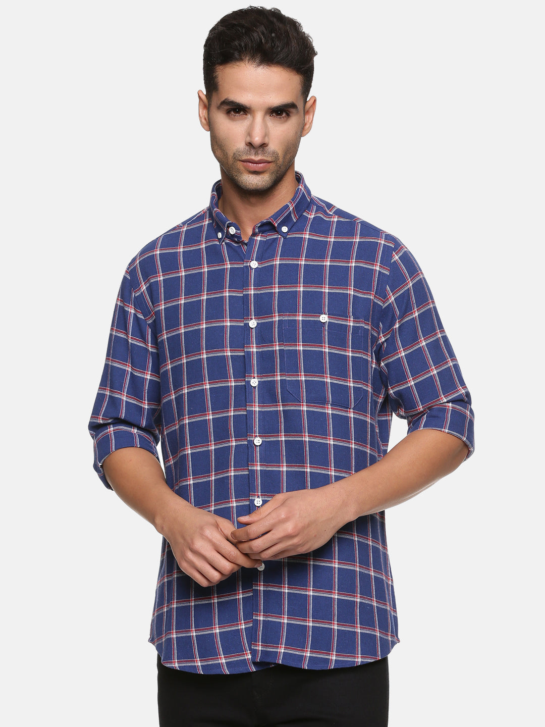 Men Blue Checkered Slim Fit Casual Shirt, Men's Full Sleeve Cotton Shirt
