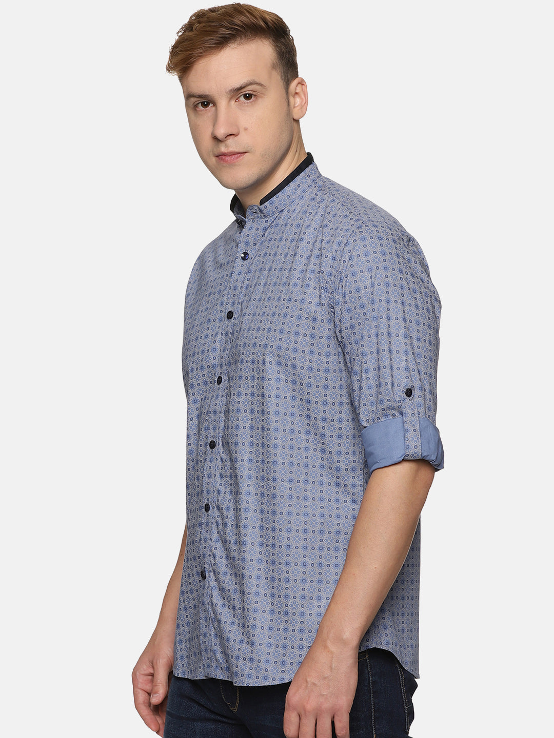 Men Blue Printed Slim Fit Casual Shirt, Men's Full Sleeve Cotton Shirt
