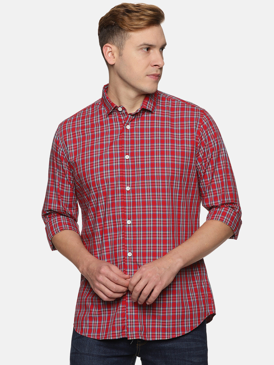 Men Red Checkered Slim Fit Casual Shirt, Men's Full Sleeve Cotton Shirt