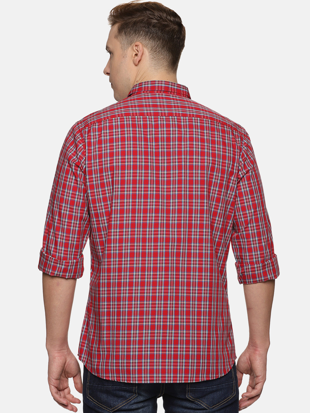 Men Red Checkered Slim Fit Casual Shirt, Men's Full Sleeve Cotton Shirt