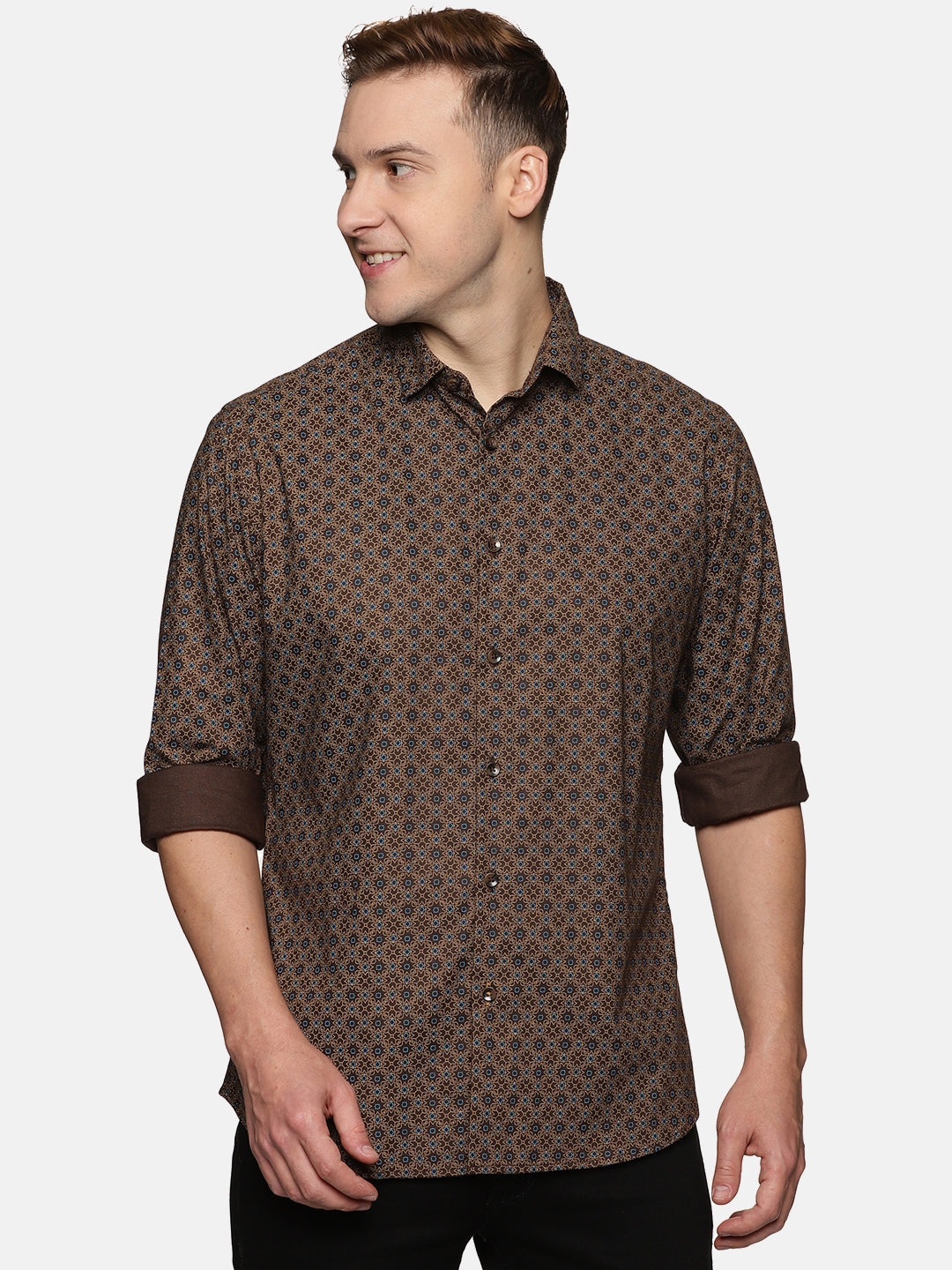 Men Brown Printed Slim Fit Casual Shirt, Men's Full Sleeve Cotton Shirt