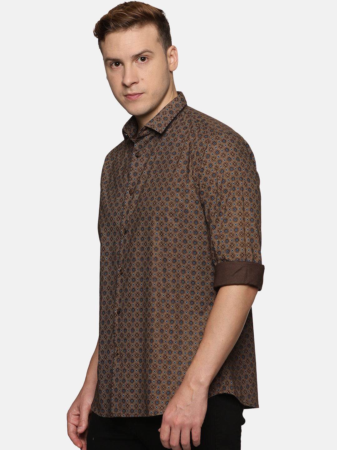 Men Brown Printed Slim Fit Casual Shirt, Men's Full Sleeve Cotton Shirt