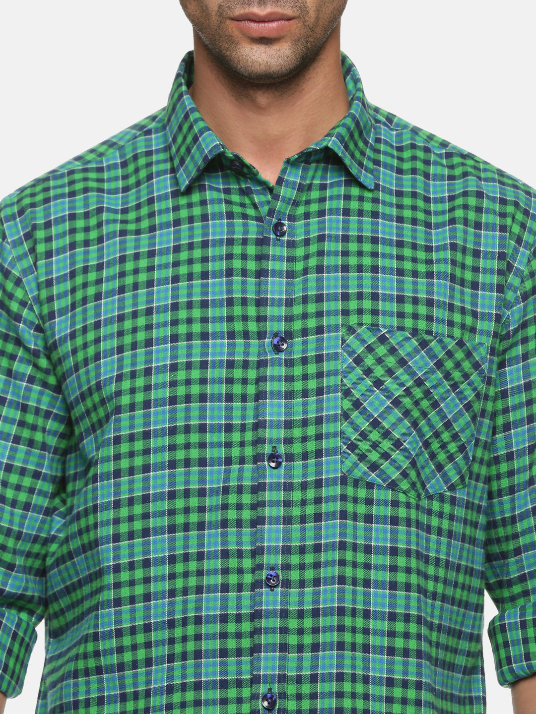 Men Green Checkered Slim Fit Casual Shirt, Men's Full Sleeve Cotton Shirt