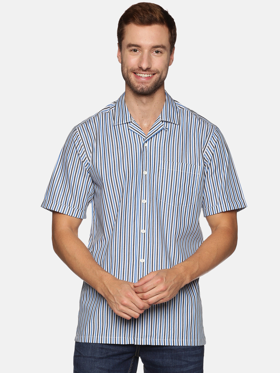 Don Vino Men's Blue Stripes Half Sleeve Shirt