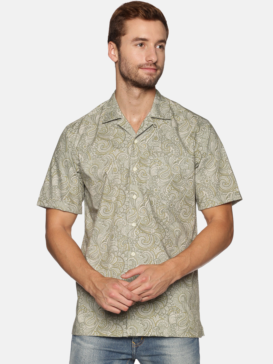Men Olive Floral Print Regular Fit Half Sleeve Cotton Casual Shirt
