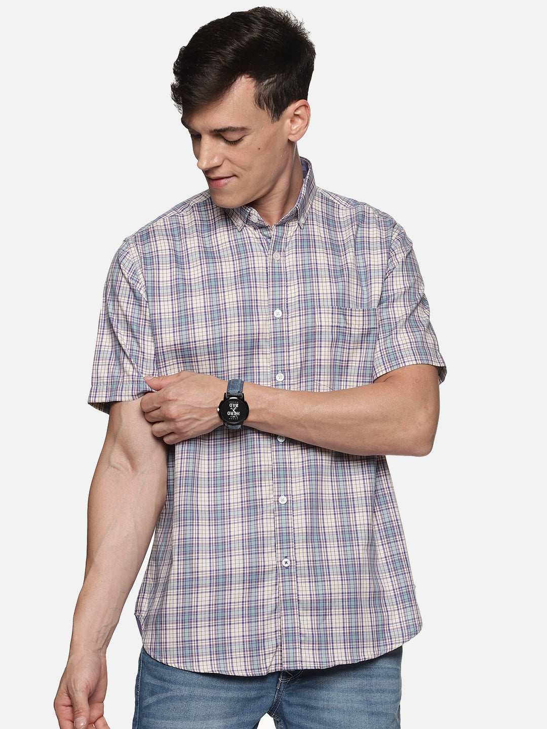 Men Beige & Blue Check Slim Fit Half Sleeve Casual Shirt