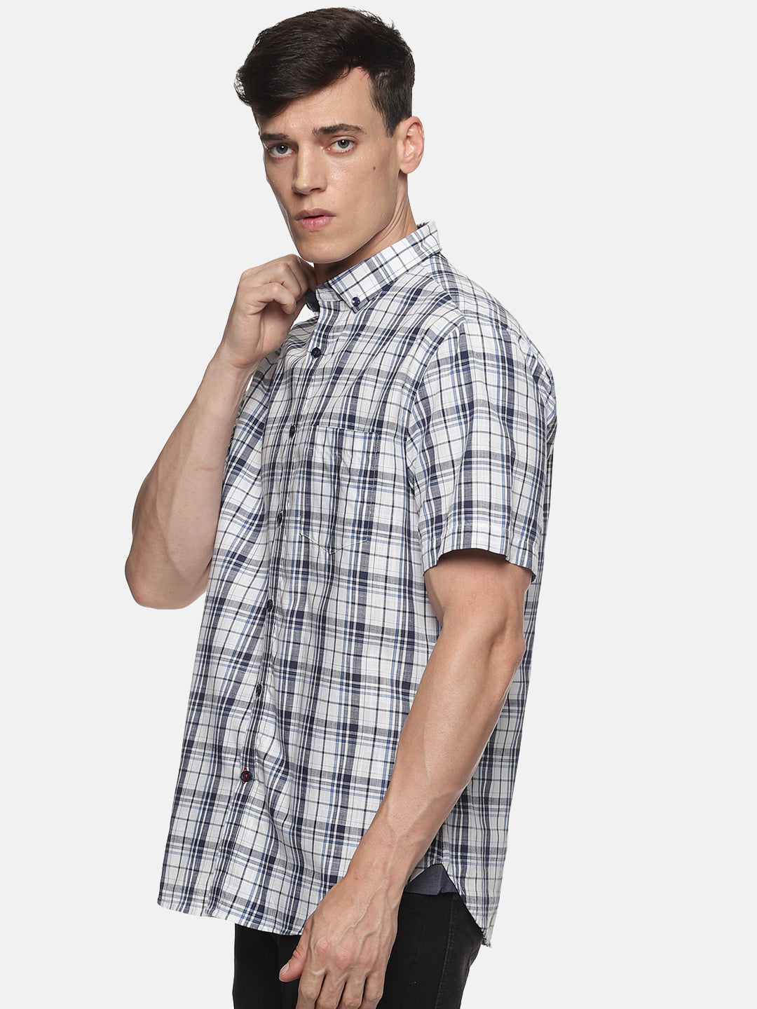 Men Off-white Check Slim Fit Half Sleeve Casual Shirt