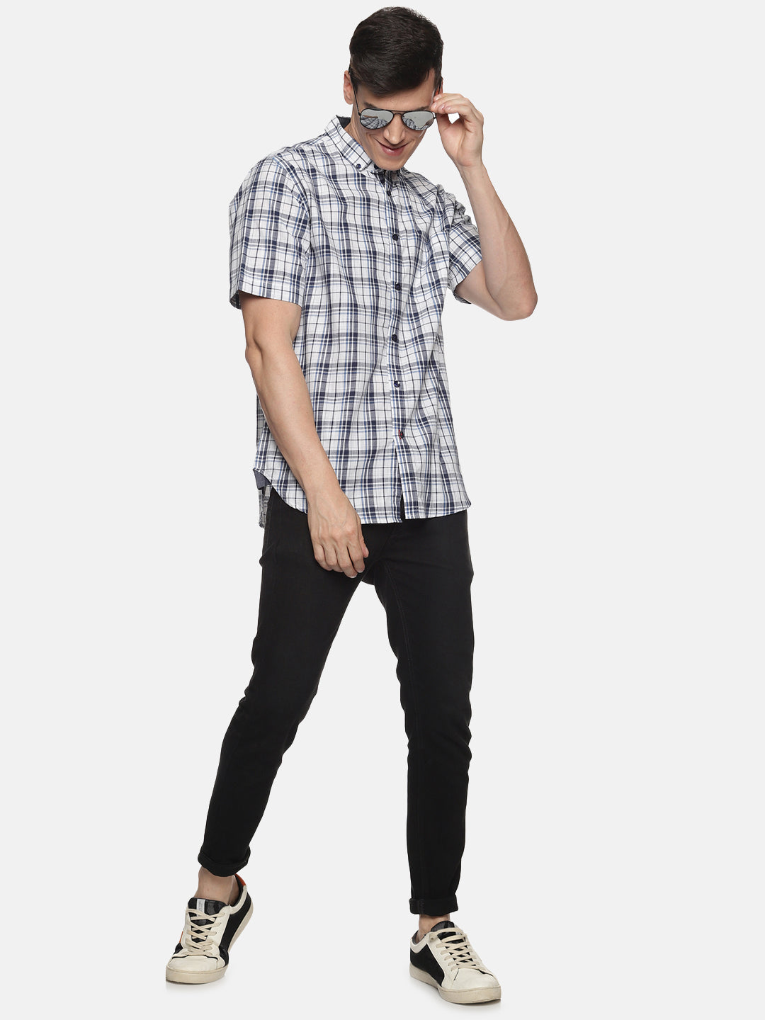 Men Off-white Check Slim Fit Half Sleeve Casual Shirt