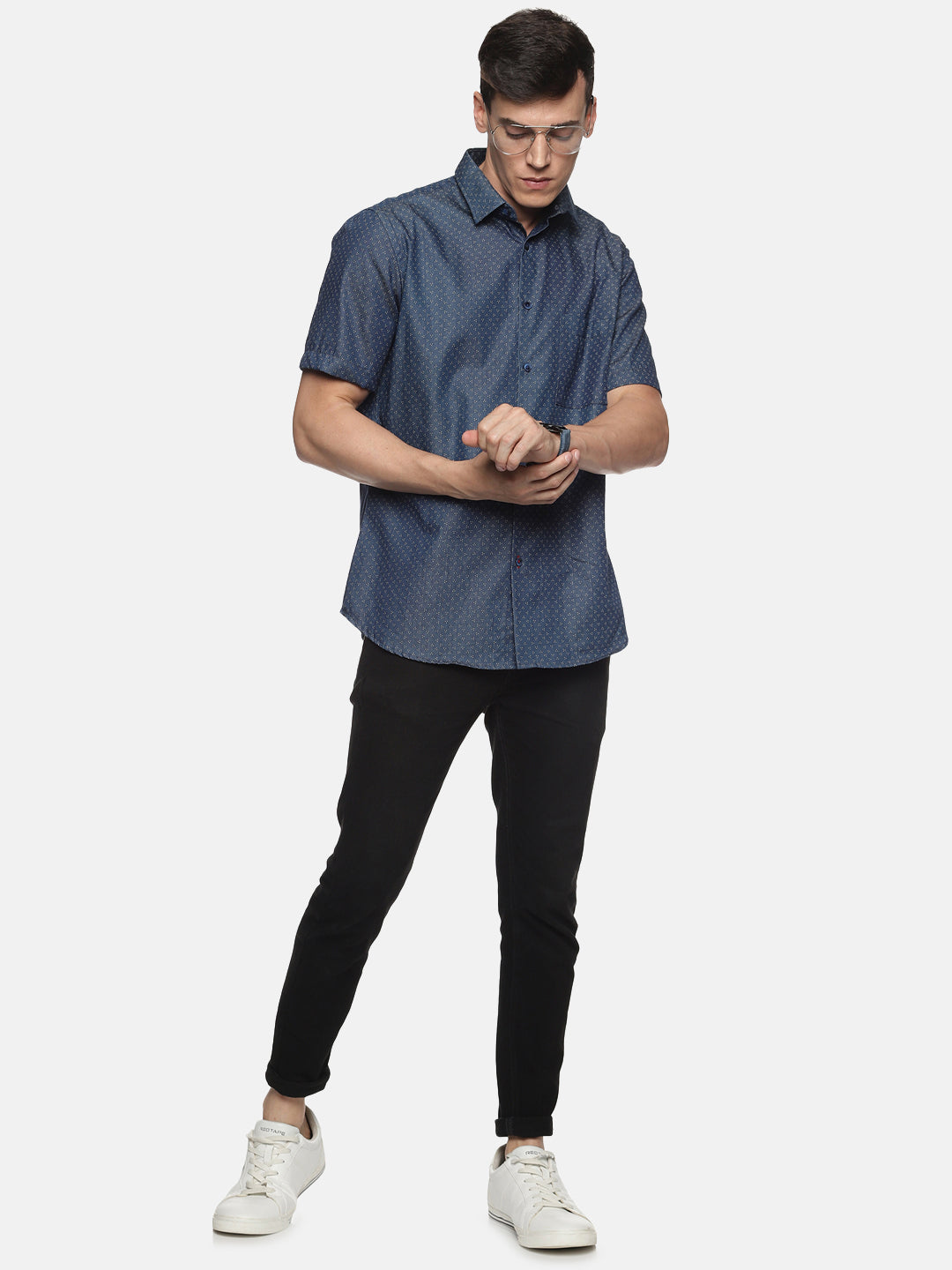 Men Navy Blue Printed Slim Fit Half Sleeve Casual Shirt