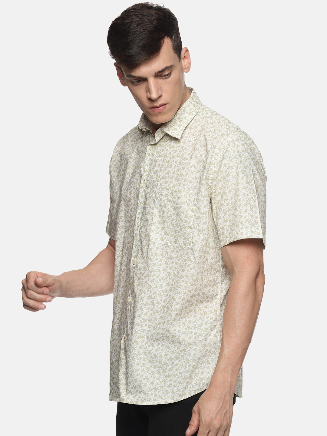 Men Cream Floral Print Slim Fit Half Sleeve Casual Shirt